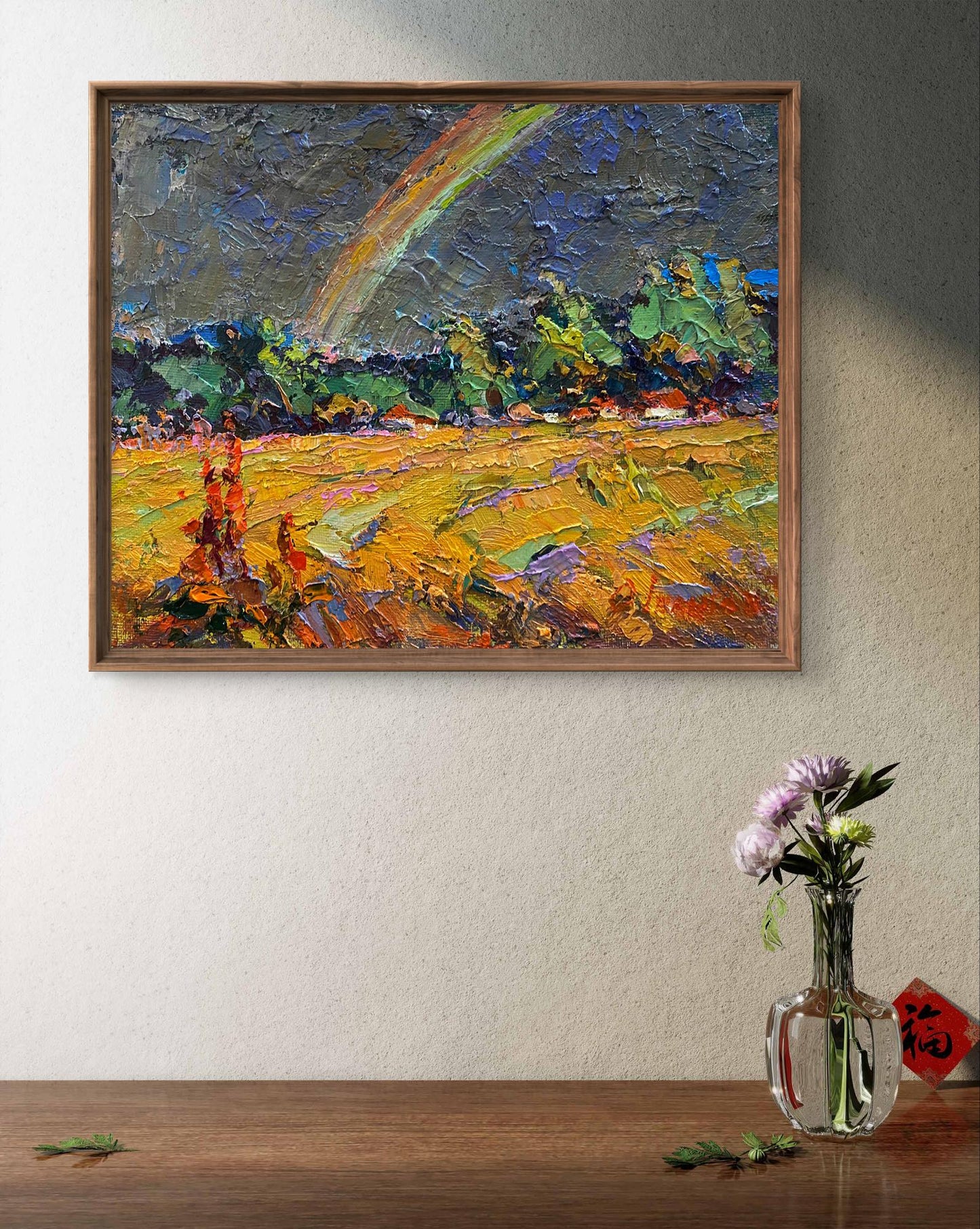 Oil painting Rainbow after the rain by Oksana Ivanyuk in wooden frame