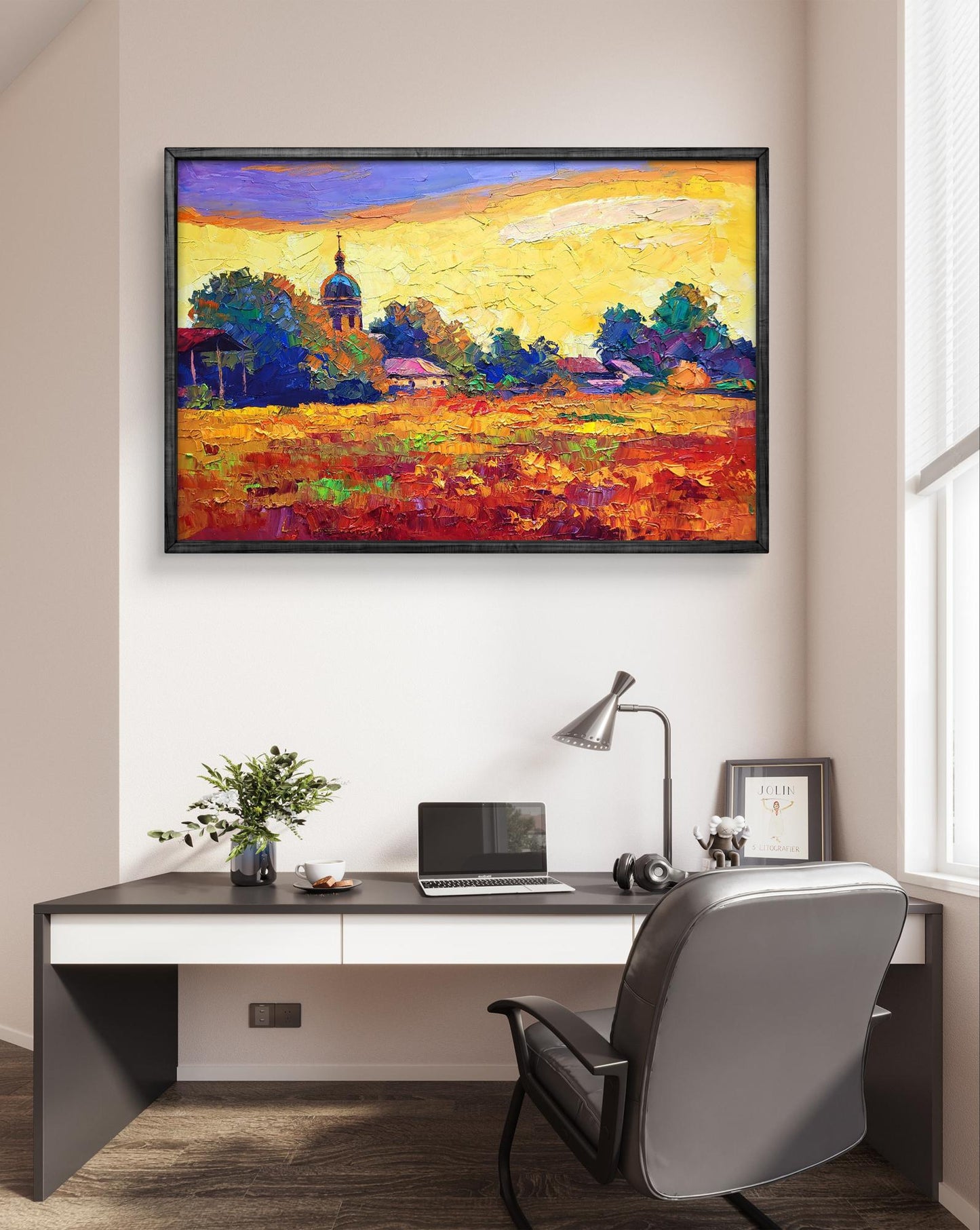 Oil painting Sunset over the village by Boris Serdyuk in black frame