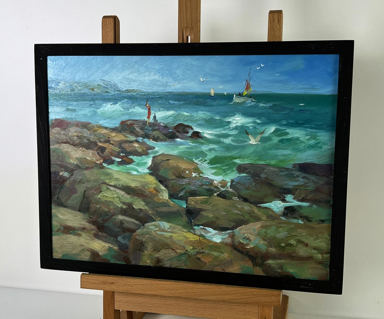 Framed oil painting by Yuriy Suprunchuk of turbulent coastal sea waves