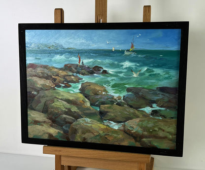 Framed oil painting by Yuriy Suprunchuk of turbulent coastal sea waves