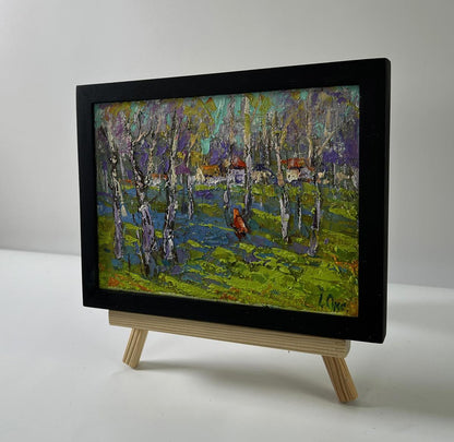 Black-framed miniature oil painting Quiet rural forest by Oksana Ivanyuk