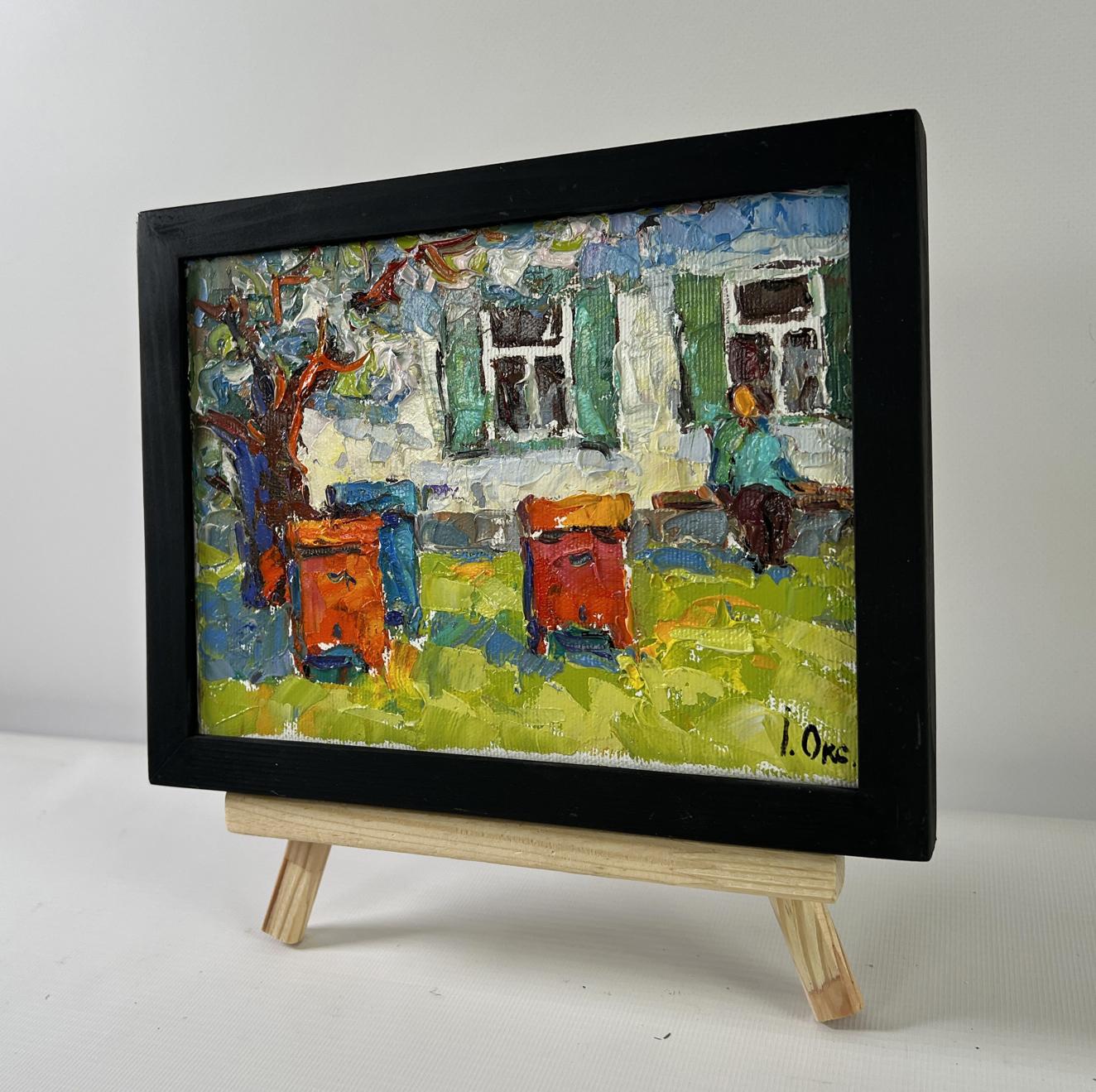 Oil painting Backyard moments by Oksana Ivanyuk in black frame