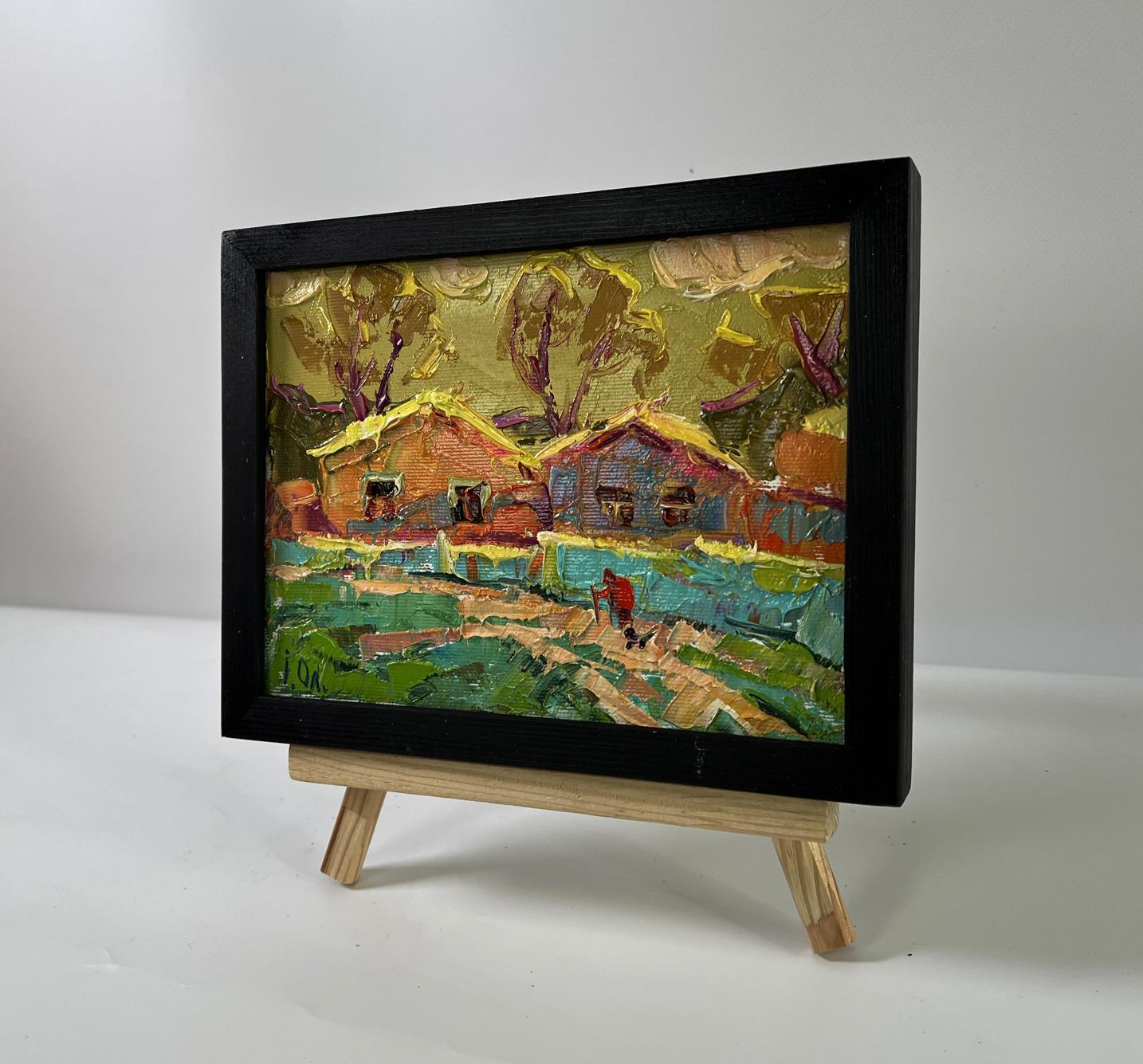 Oil painting of warm village evening by Oleksiy Ivanyuk in black frame