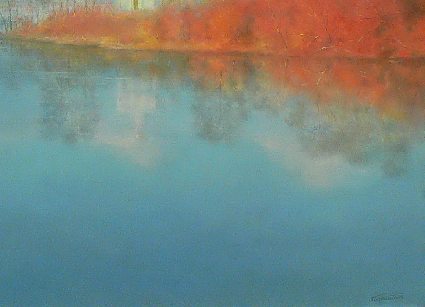 Serene blue water reflecting fiery autumn trees in Vasily Korkishko oil painting