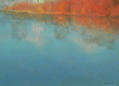 Serene blue water reflecting fiery autumn trees in Vasily Korkishko oil painting