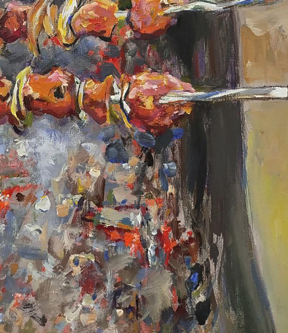 Oil painting of vibrant orange red skewered meat by Leonid Pavlenko