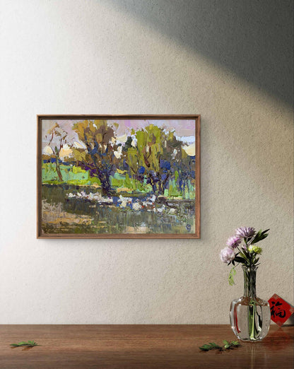 Oil painting Geese in the lake by Oksana Ivanyuk, impressionist landscape