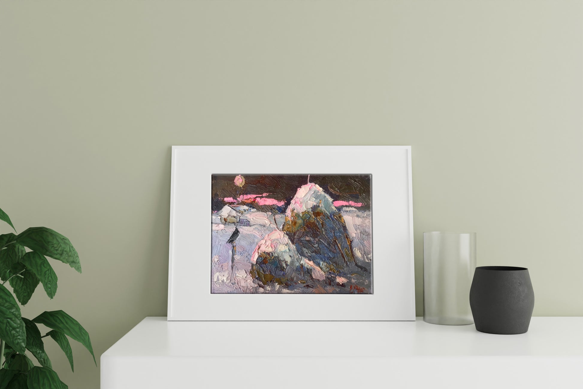Oil painting Moonlit frosty night by Oksana Ivanyuk in white frame