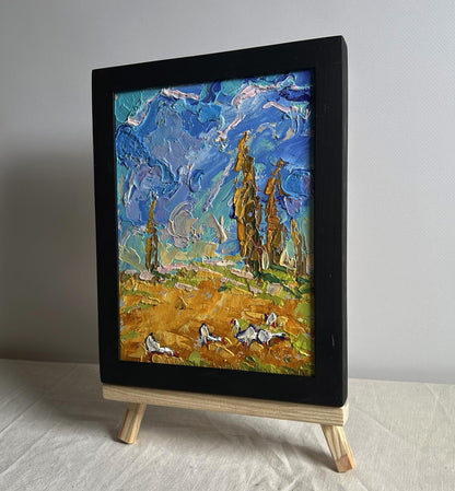 Oil painting Geese in the autumn steppes by Oleksiy Ivanyuk in black frame