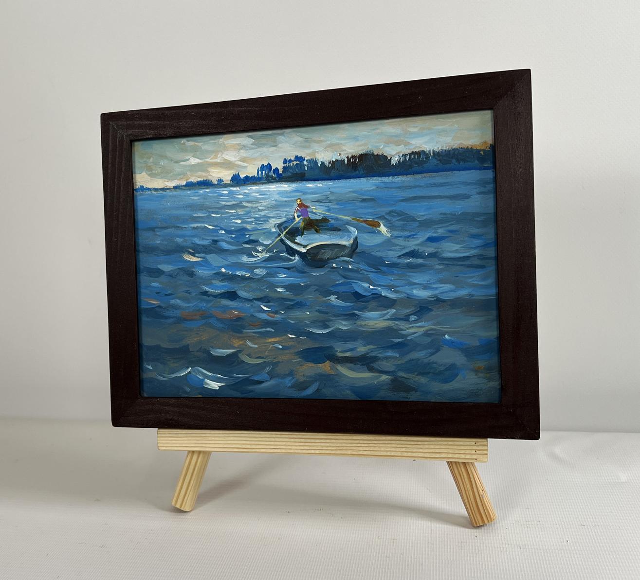 Oil painting In the evening in a boat by Yuriy Suprunchuk in wooden frame