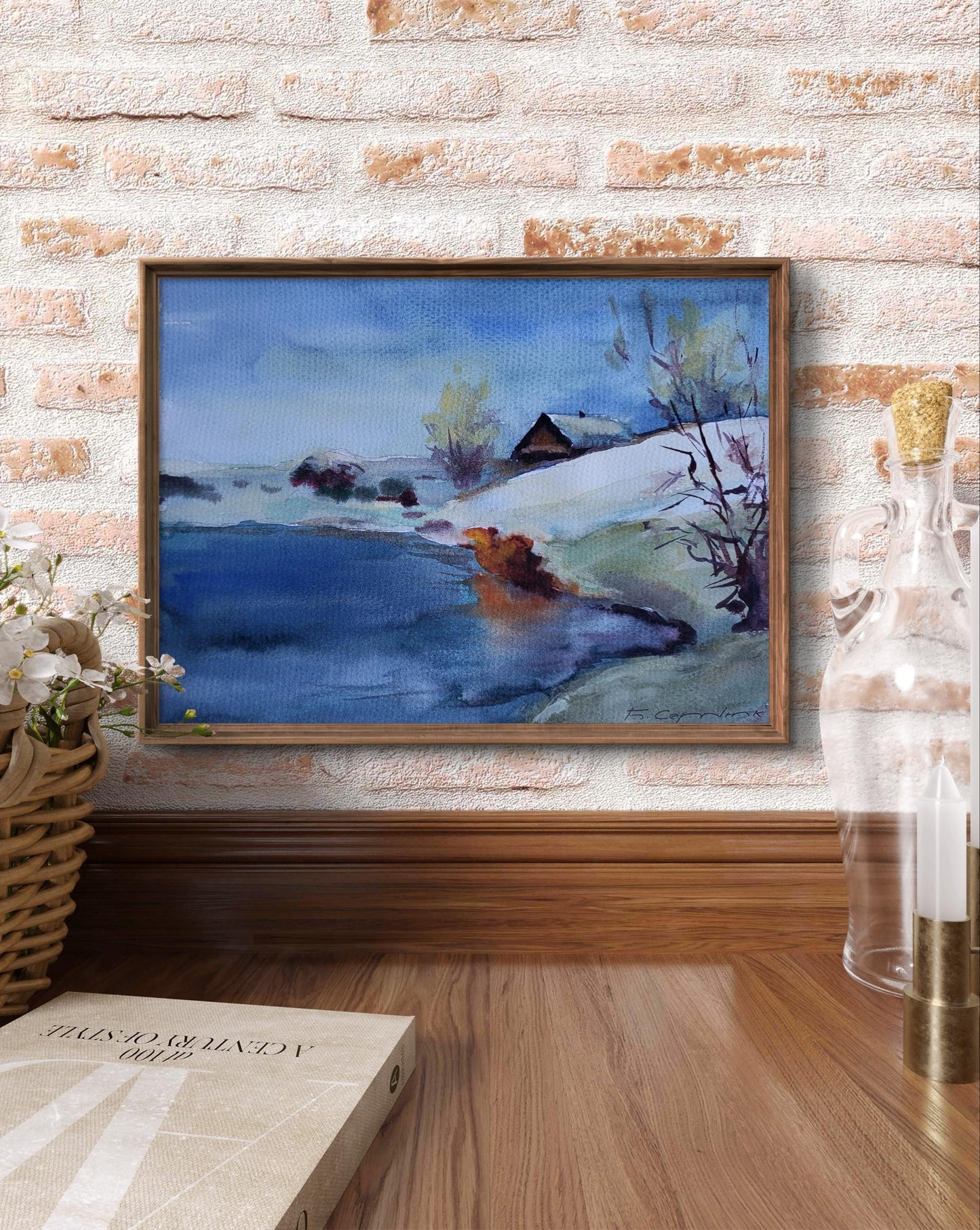 Framed watercolor Under a snowy sky by Boris Serdyuk snowy landscape