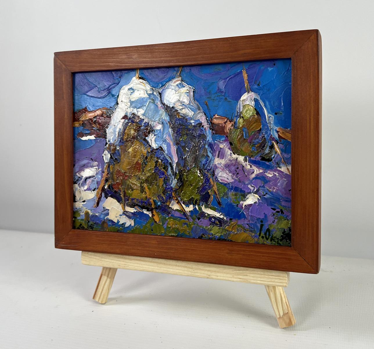 Oil painting Hay under the snow by Oksana Ivanyuk with impasto snow trees