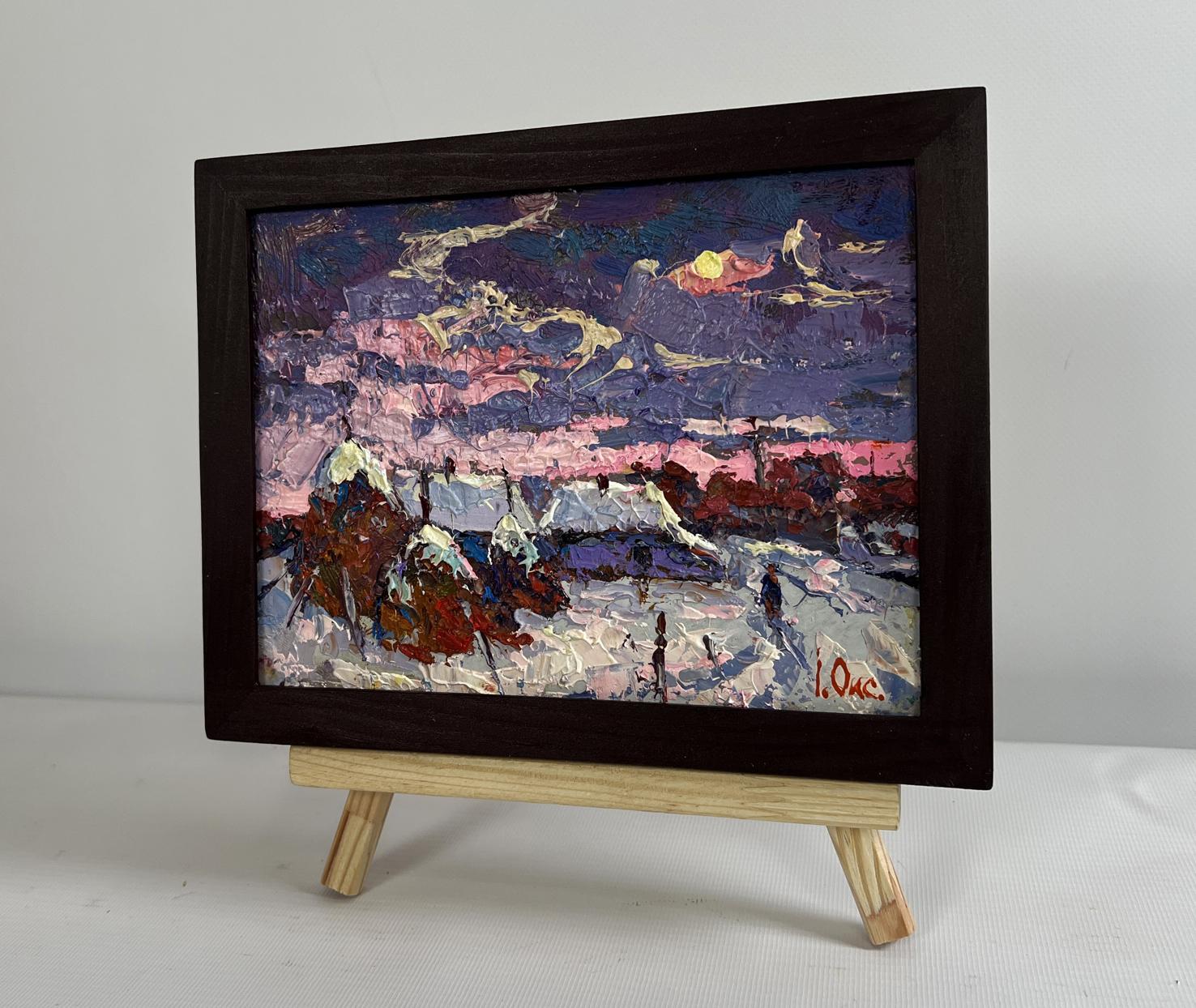 Oil painting Pink winter evening by Oksana Ivanyuk snowy landscape