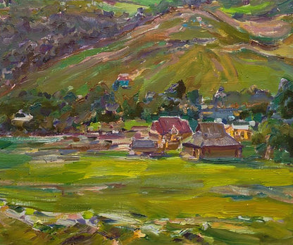 Vibrant impressionist oil painting by Leonid Pavlenko of rural village in green hills