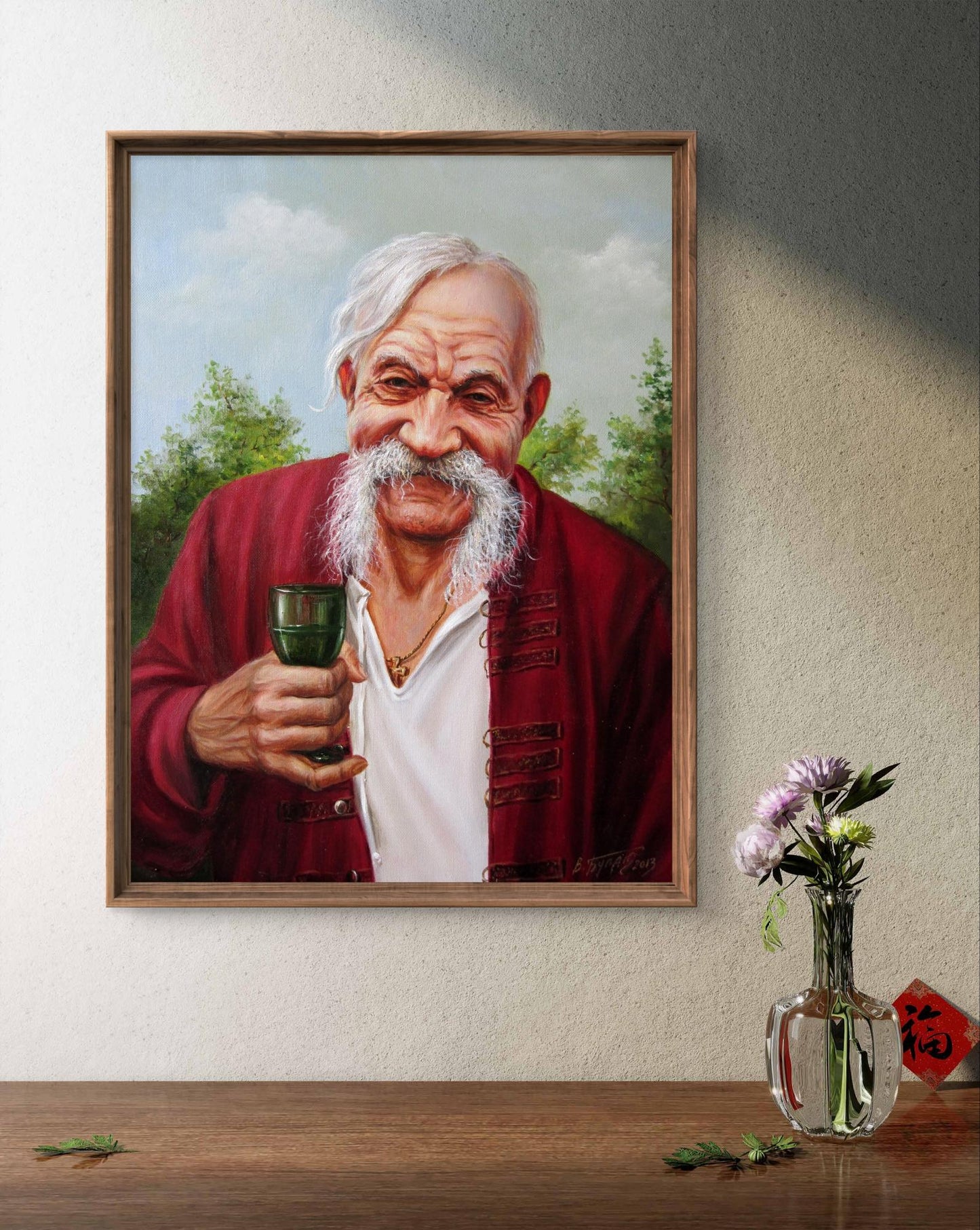 Framed oil portrait of elderly man by Valeriy Bulat holding green glass