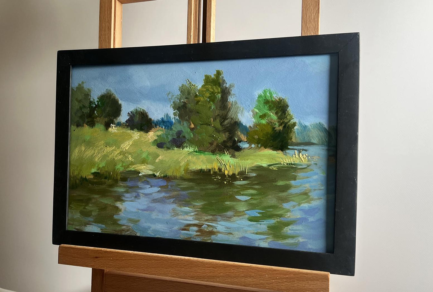 Oil painting A downpour is approaching by the river Yuriy Suprunchuk in black frame