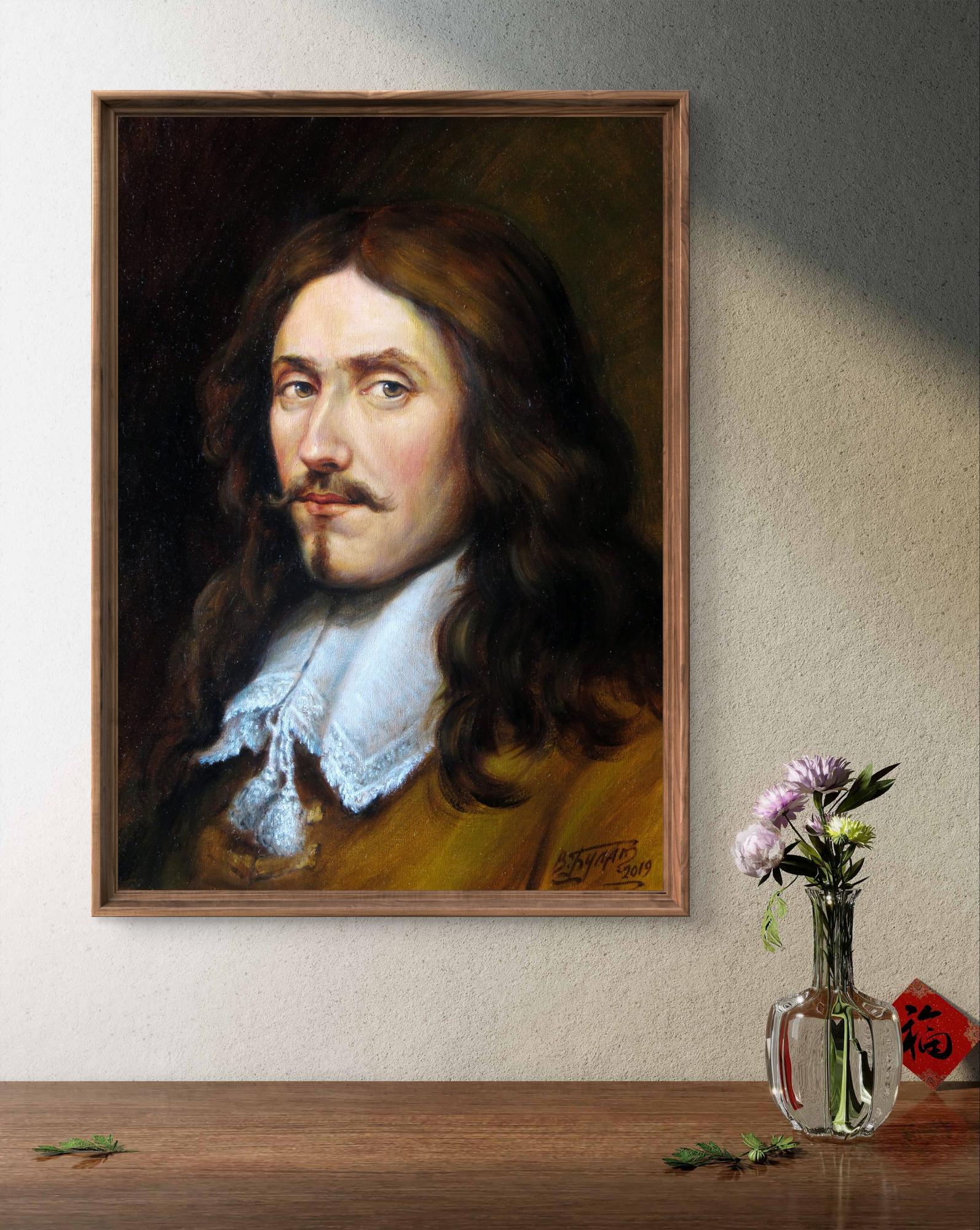 Oil painting Chevalier Valeriy Bulat of man with long brown hair and white lace collar in wooden frame