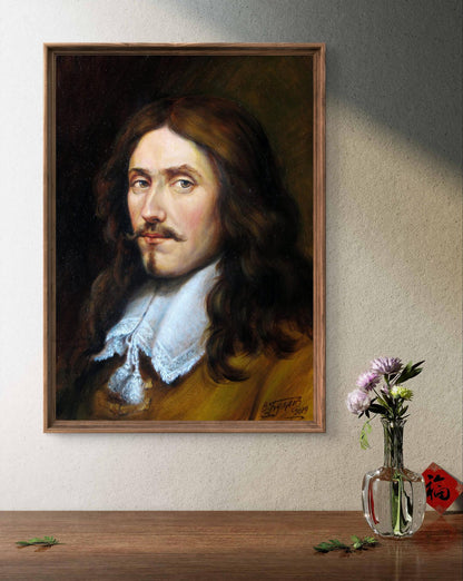 Oil painting Chevalier Valeriy Bulat of man with long brown hair and white lace collar in wooden frame