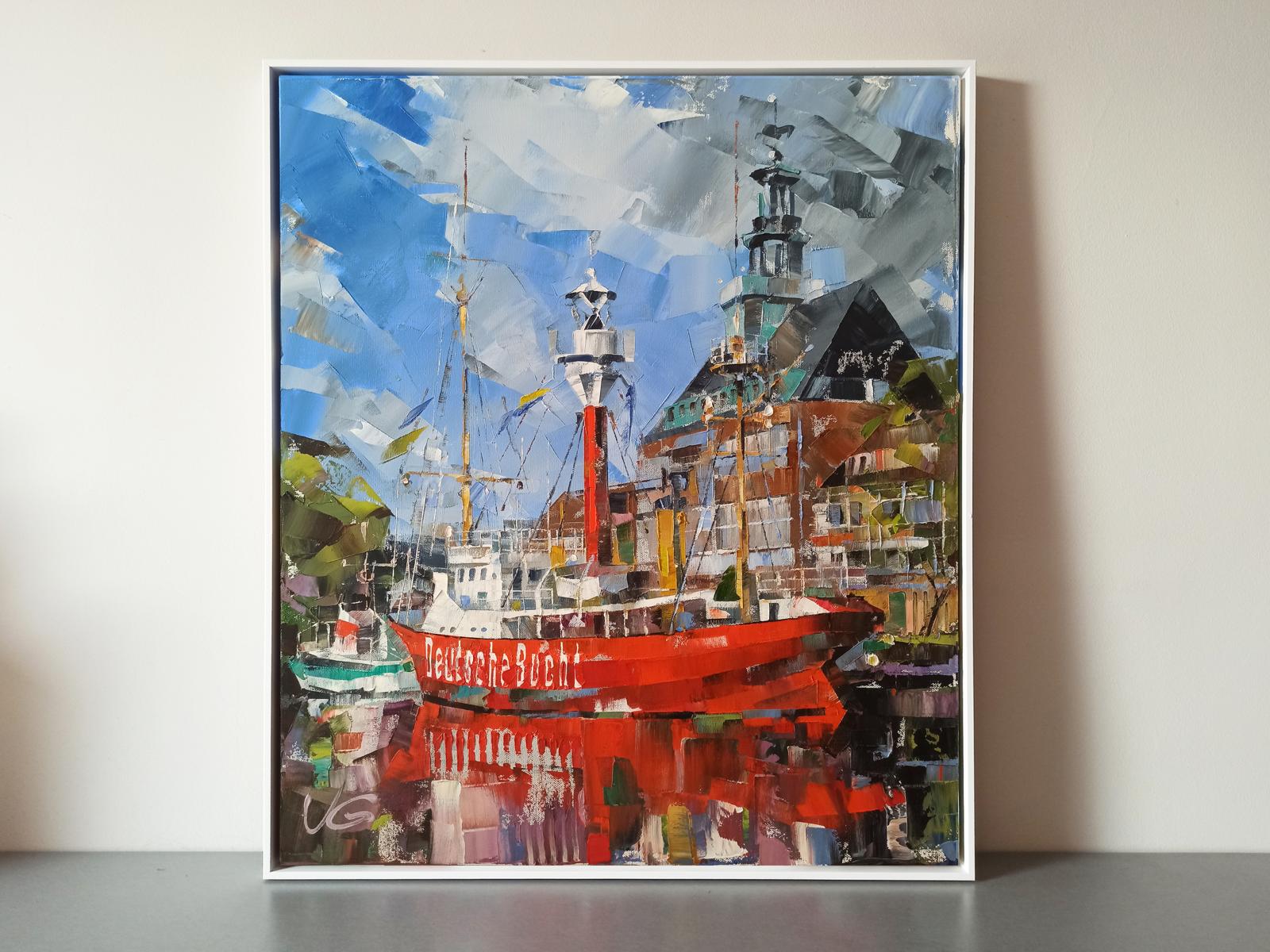 Oil painting of red ship Deutsche Seefahrt by Volodymyr Gluhomanyuk