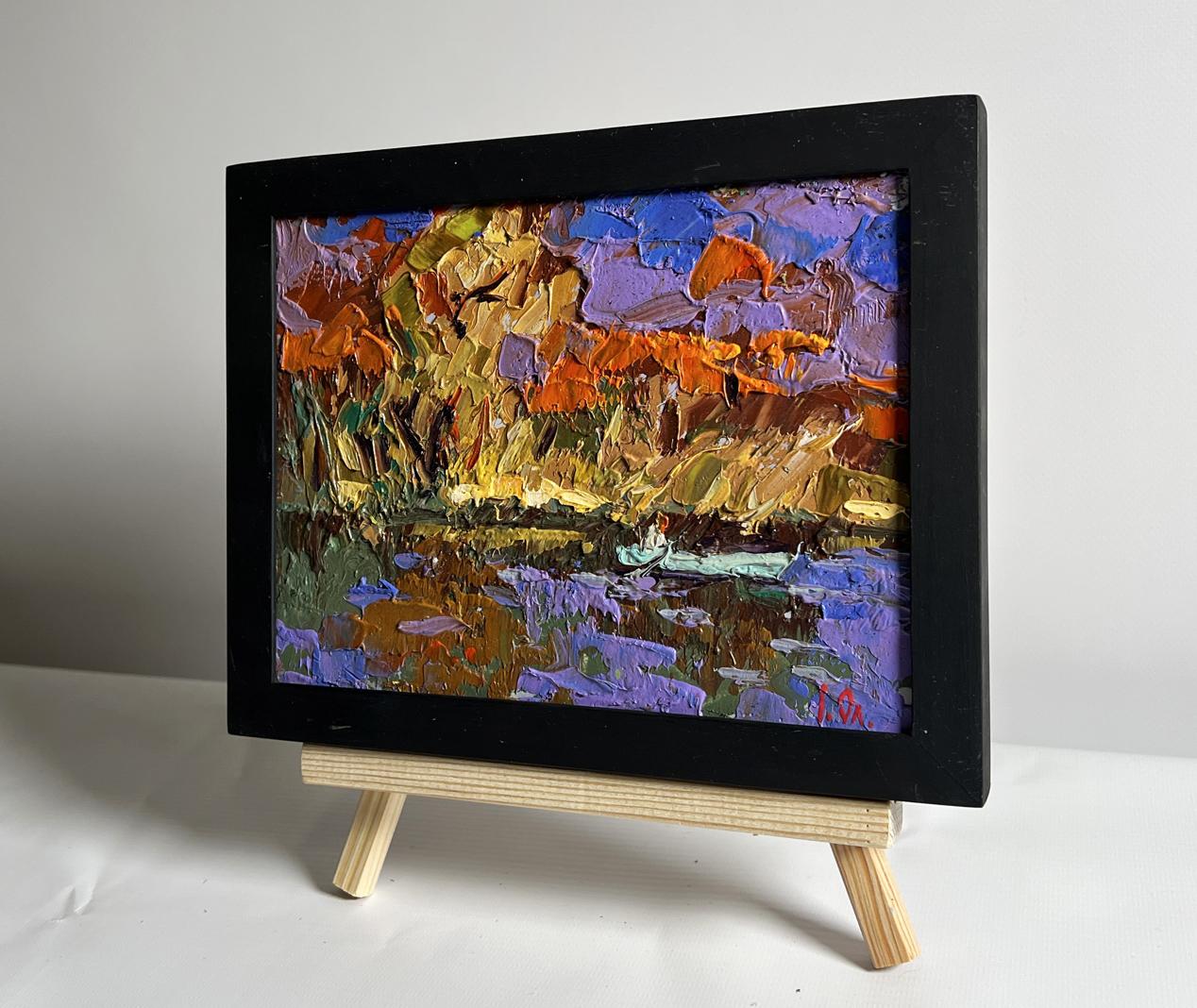 Oil painting Fishing in autumns by Oleksiy Ivanyuk in black frame
