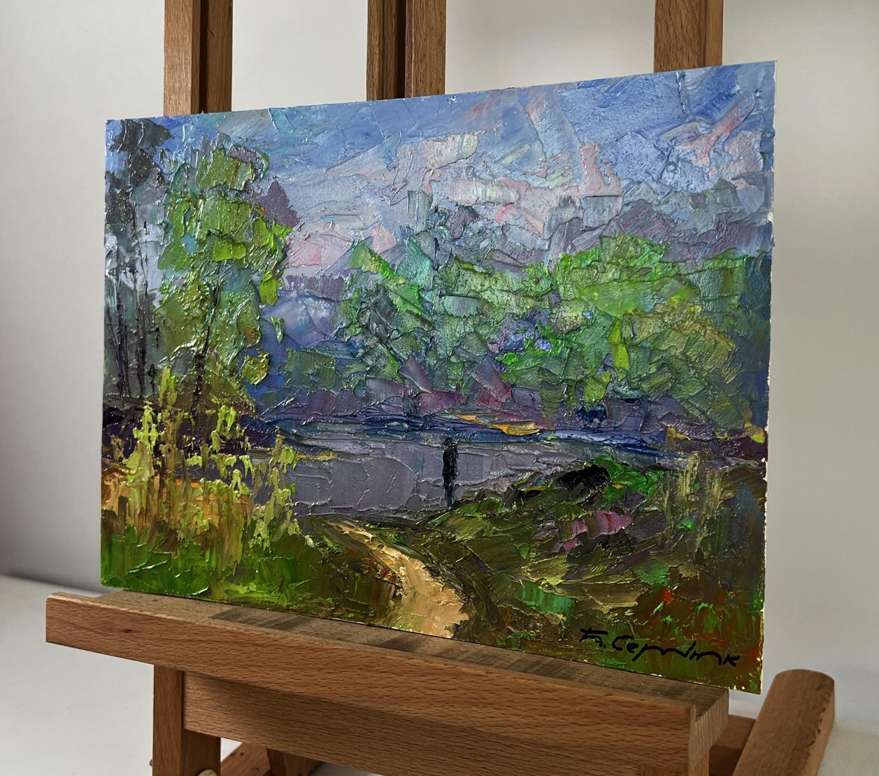 Oil painting Morning walk along the river by Boris Serdyuk, vibrant impasto foliage and sky