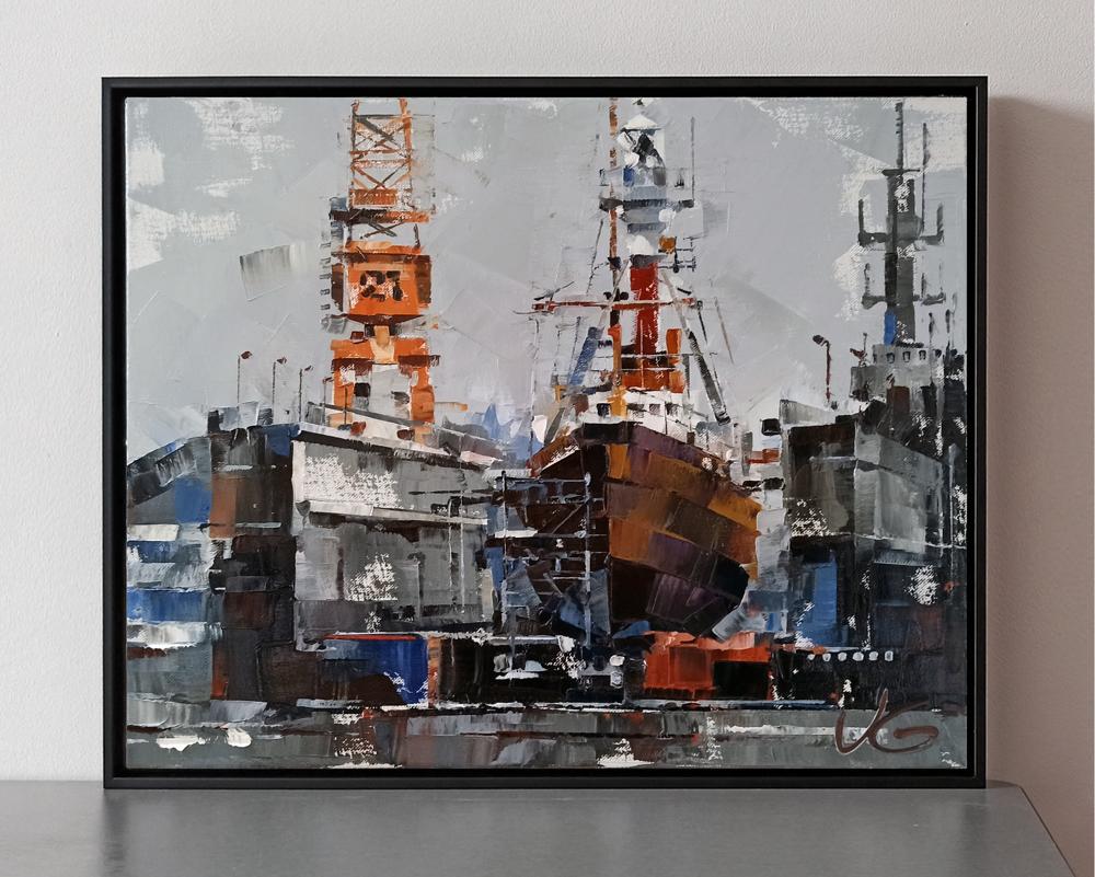 Oil painting of Lighthouse ship Amrumbank by Volodymyr Gluhomanyuk in black frame