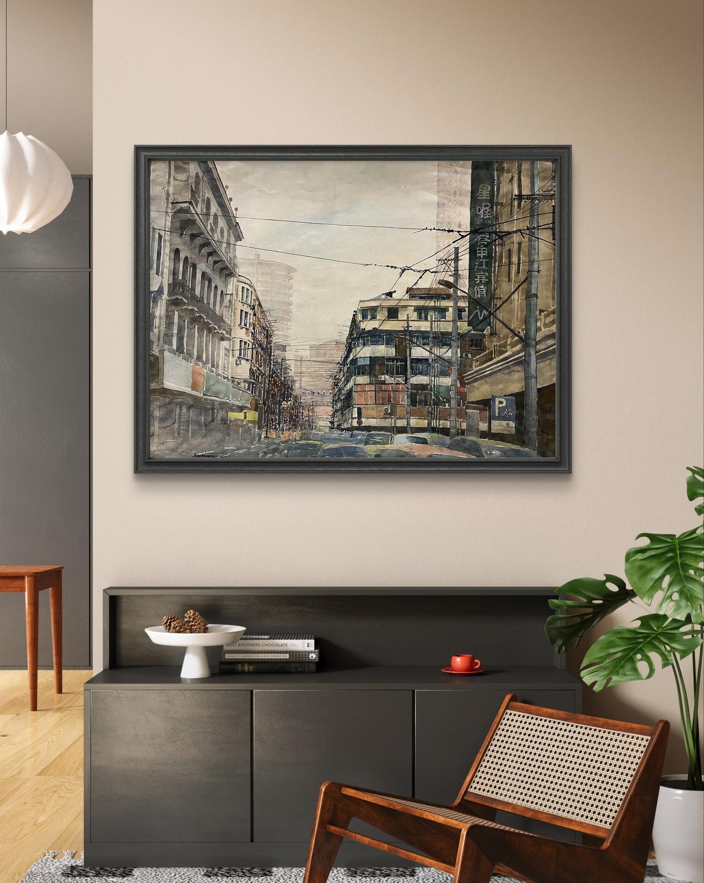 Framed watercolor painting of Shanghai street by Serhiy Kovalev