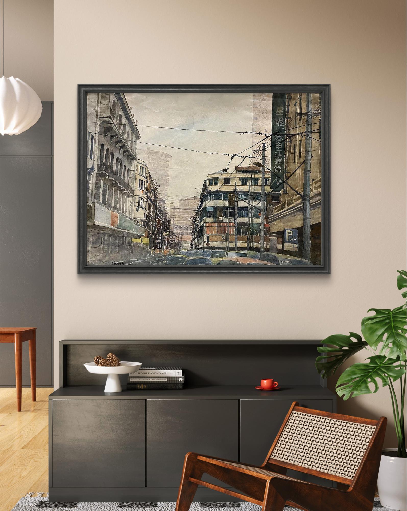 Framed watercolor painting of Shanghai street by Serhiy Kovalev