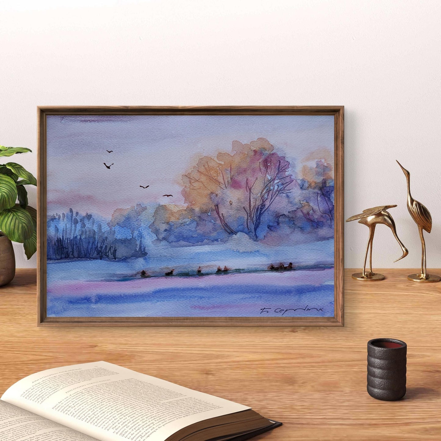 Winter wonder Boris Serdyuk watercolor painting in rustic wooden frame