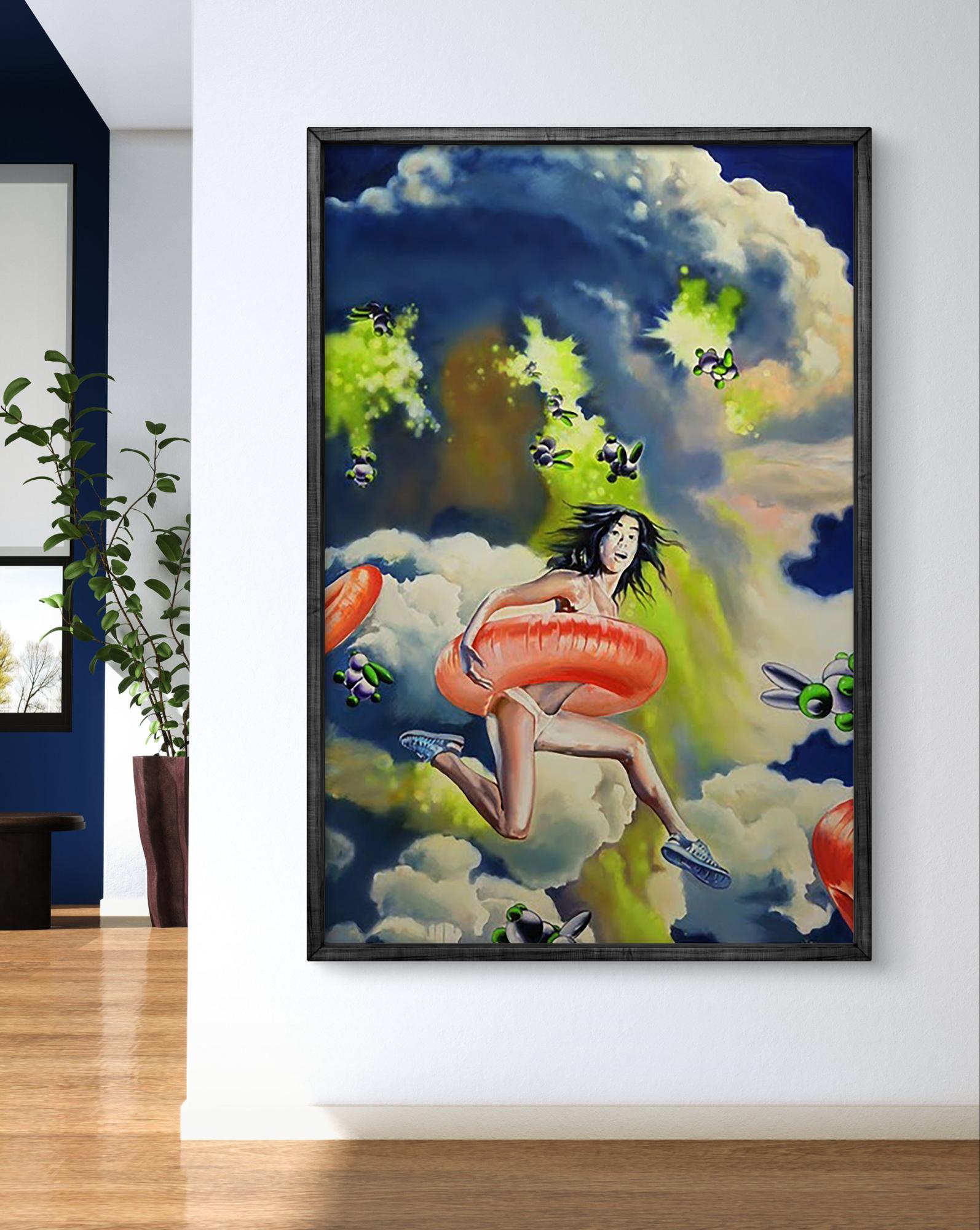 Oil painting by Igor Konovalov: Woman with orange ring leaps in stormy surreal sky
