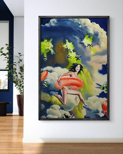 Oil painting by Igor Konovalov: Woman with orange ring leaps in stormy surreal sky