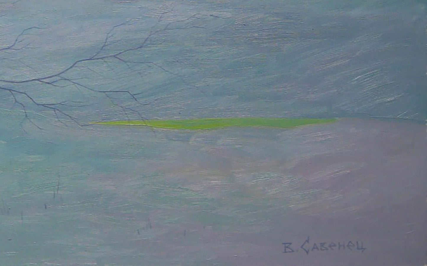 Oil painting Winter evening by Valery Savenets with lime green band
