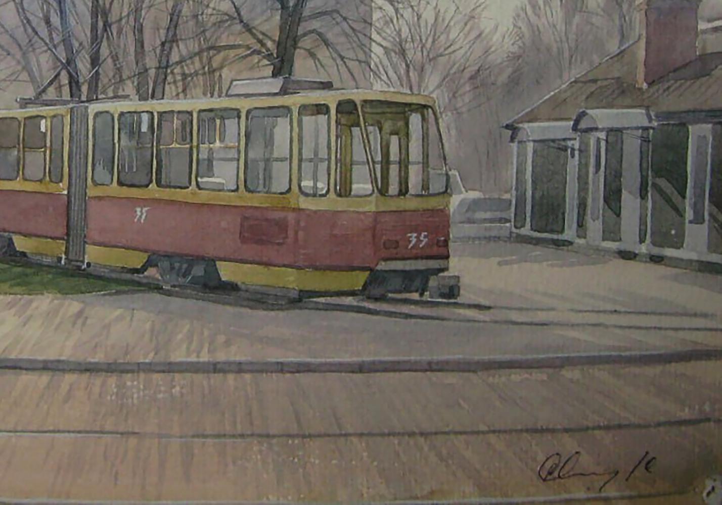 Watercolor painting of vintage red yellow tram 35 by Valery Savenets