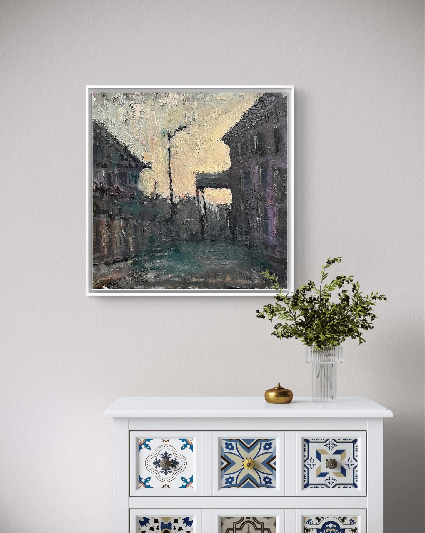 Framed oil painting Old town by Volodymyr Pashchenko, textured earth tones street scene
