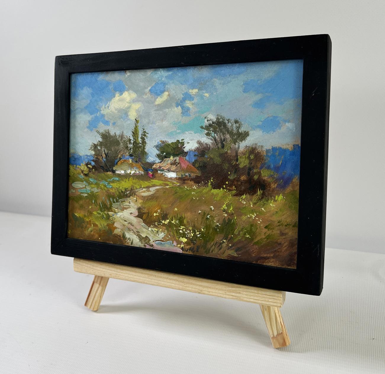 Oil painting Village on a hill by Yuriy Suprunchuk, rustic countryside scene