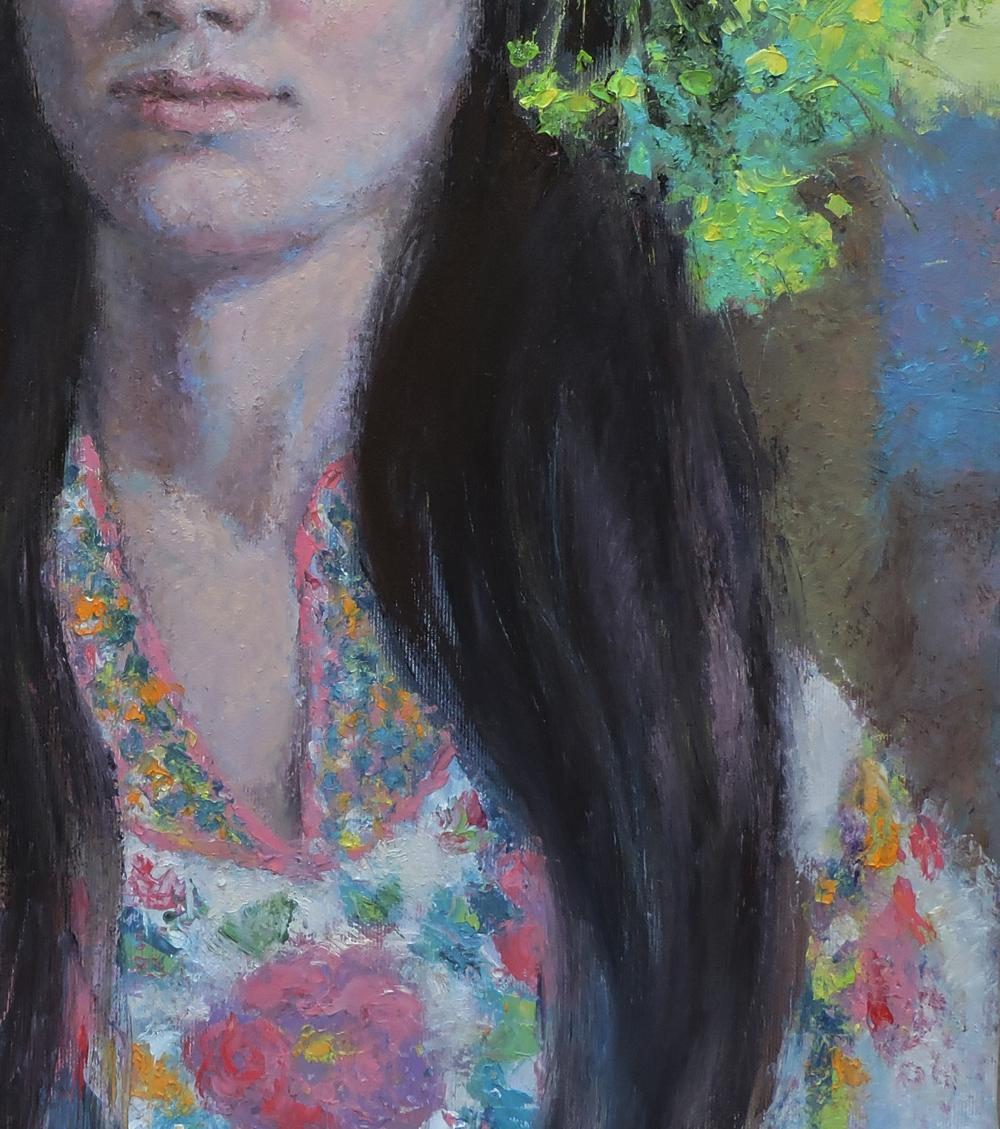 Oil painting portrait of girl in floral v-neck top by Oksana Osnach