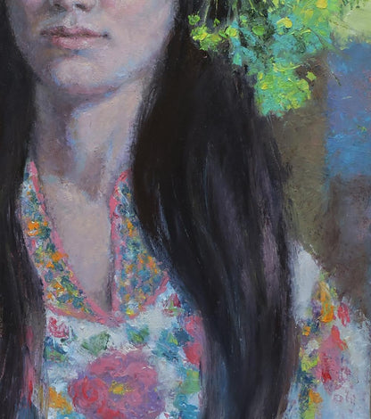 Oil painting portrait of girl in floral v-neck top by Oksana Osnach
