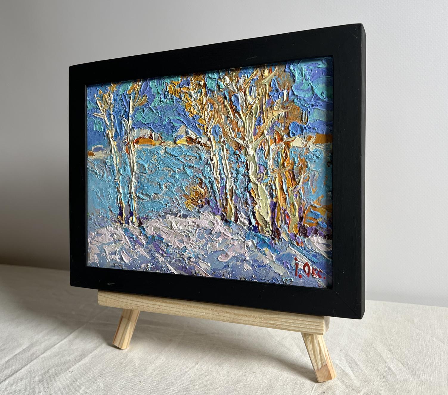 Oil painting Winter day by Oksana Ivanyuk: snowy forest in blues and golds