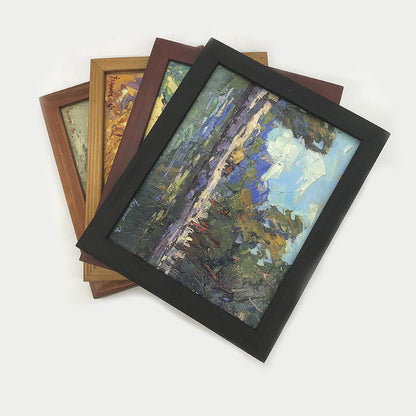 Custom Wooden Frame with black rectangular frame holding abstract blue green landscape painting