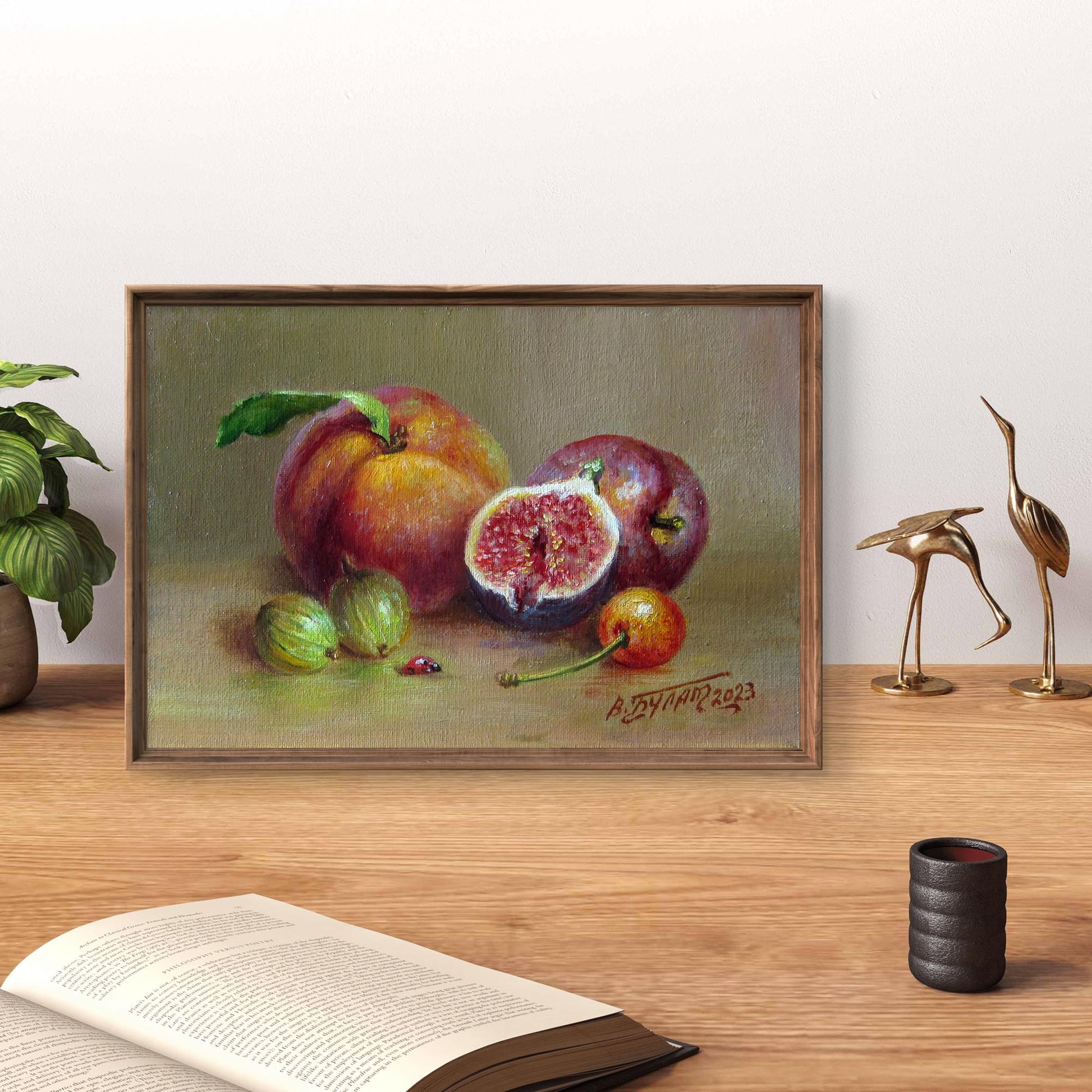 Oil painting Fruit still life Valeriy Bulat with ripe figs, apples, gooseberries