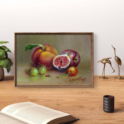 Oil painting Fruit still life Valeriy Bulat with ripe figs, apples, gooseberries