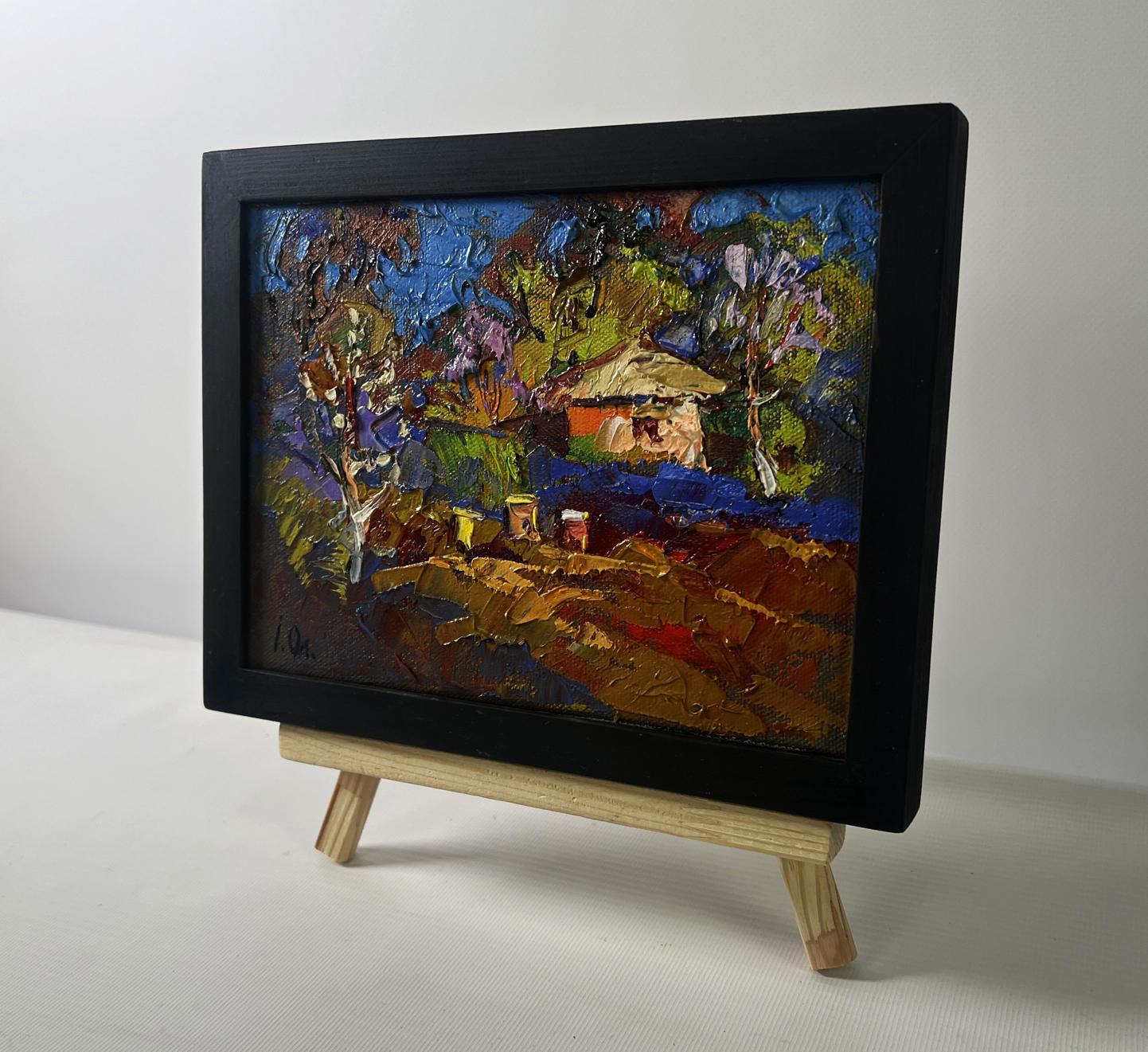 Oil painting Evening ray over spring fields by Oleksiy Ivanyuk in black frame