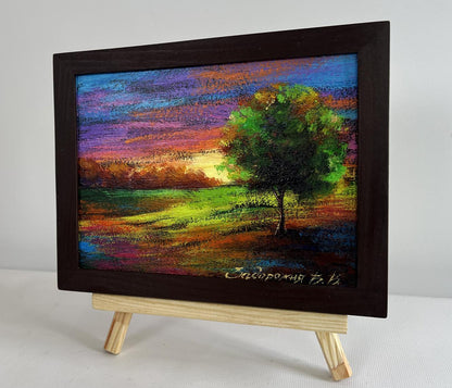 Oil painting Romantic evening V. Zadorozhnya vibrant tree sunset framed on easel