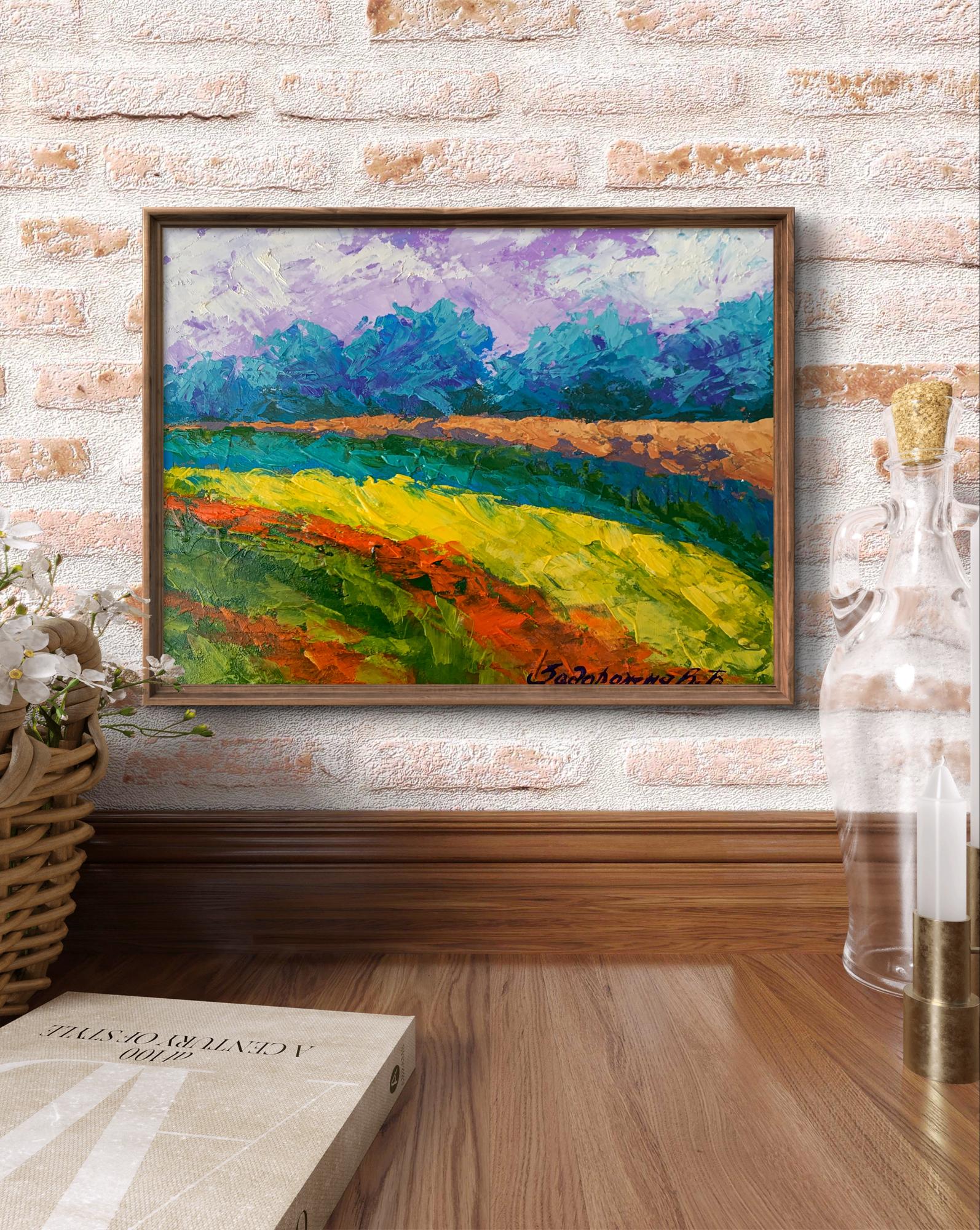 Oil painting Cloudy sunny day V. Zadorozhnya vibrant impressionist landscape in frame