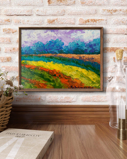 Oil painting Cloudy sunny day V. Zadorozhnya vibrant impressionist landscape in frame