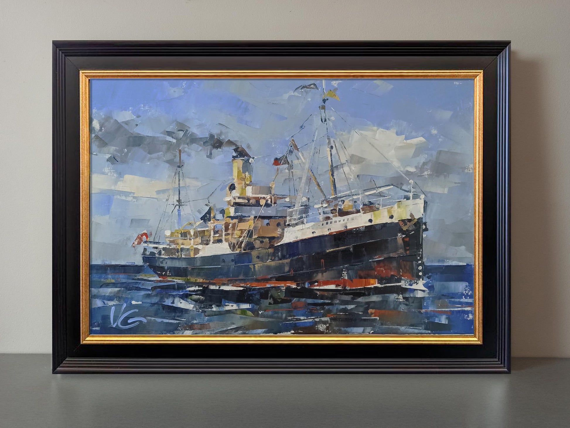 Oil painting of Steamship John Oxley by Volodymyr Gluhomanyuk at sea
