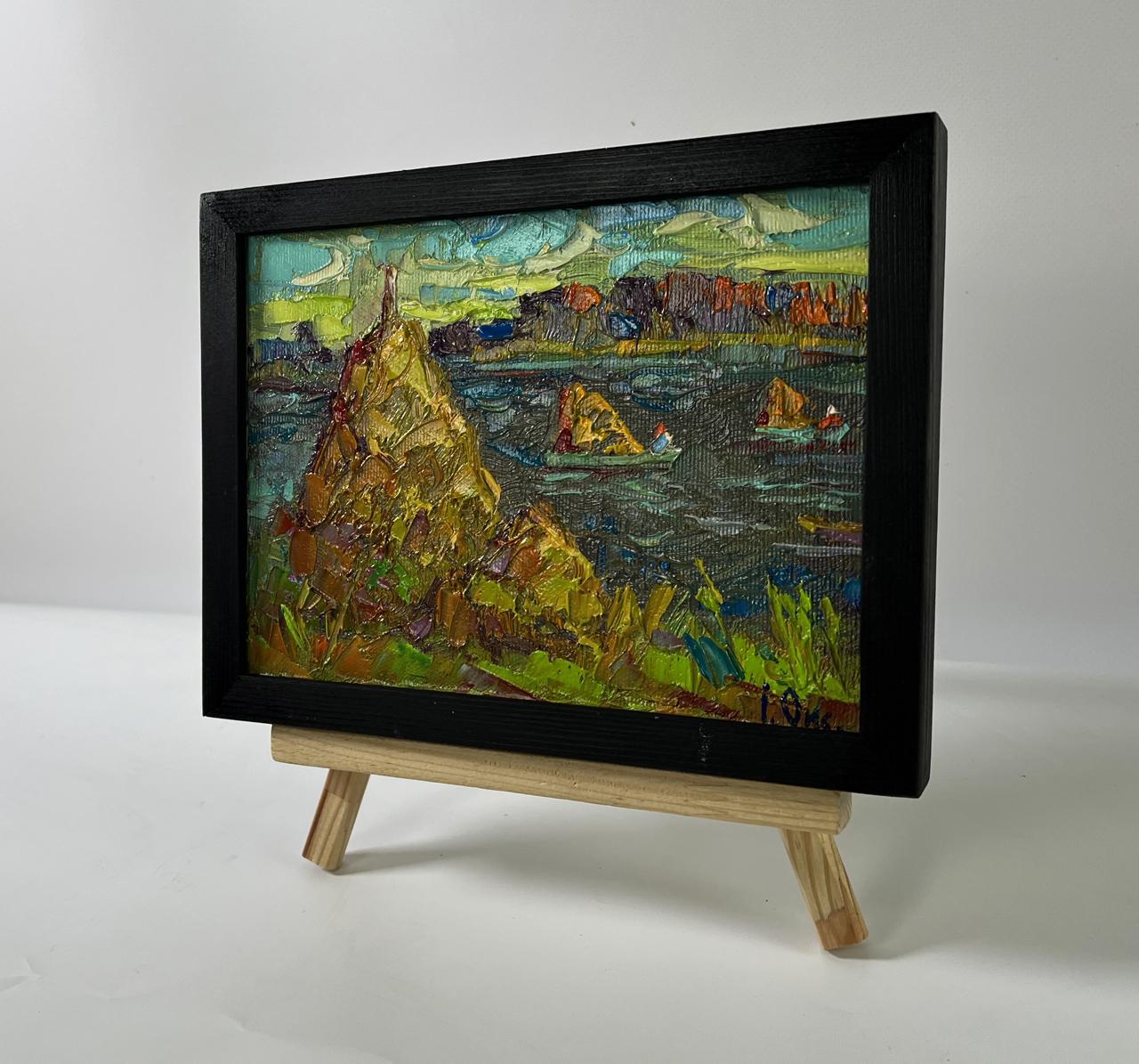 Oil painting by Oksana Ivanyuk: Transporting hay across river in vibrant impressionist style