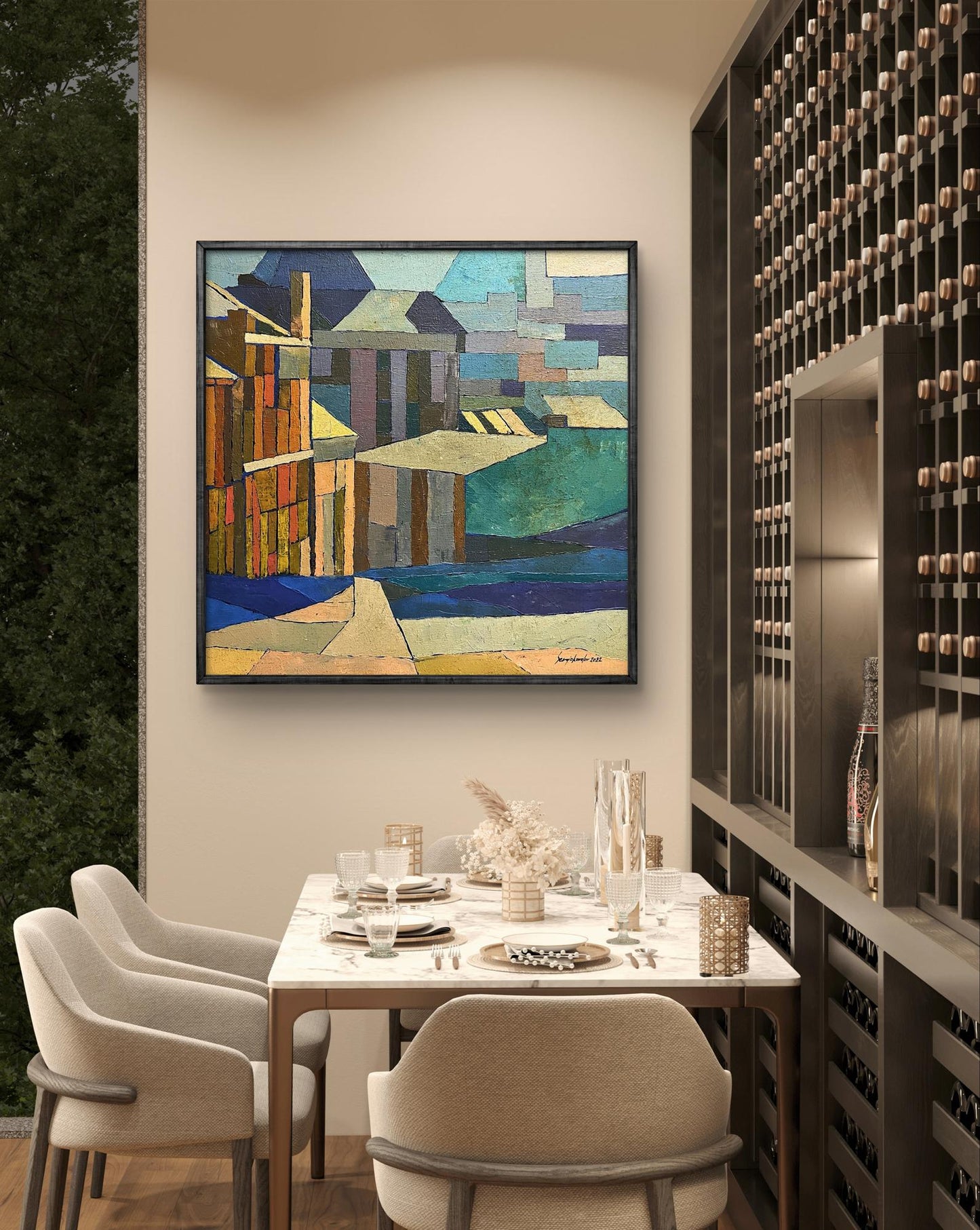 Framed abstract oil painting by Serhiy Kovalev with geometric shapes above dining table