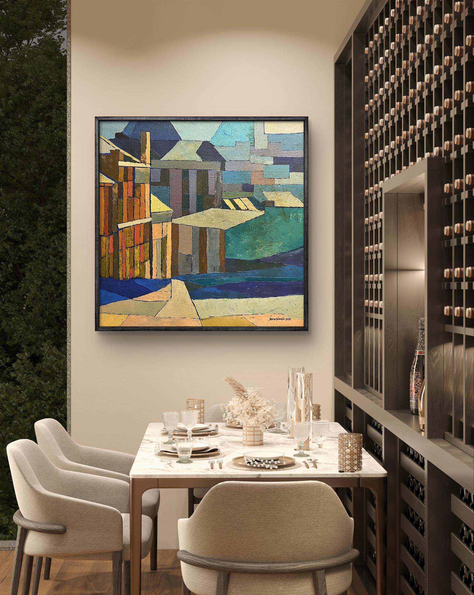 Framed abstract oil painting by Serhiy Kovalev with geometric shapes above dining table