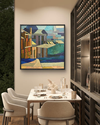 Framed abstract oil painting by Serhiy Kovalev with geometric shapes above dining table